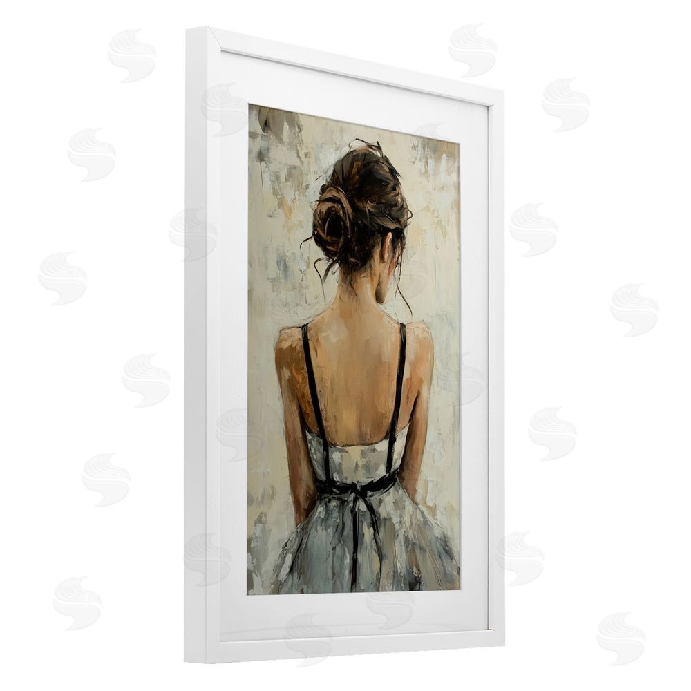 Petal Prints Design Back View Female in Dress White Framed Print Under Glass with Mat Wall Art
