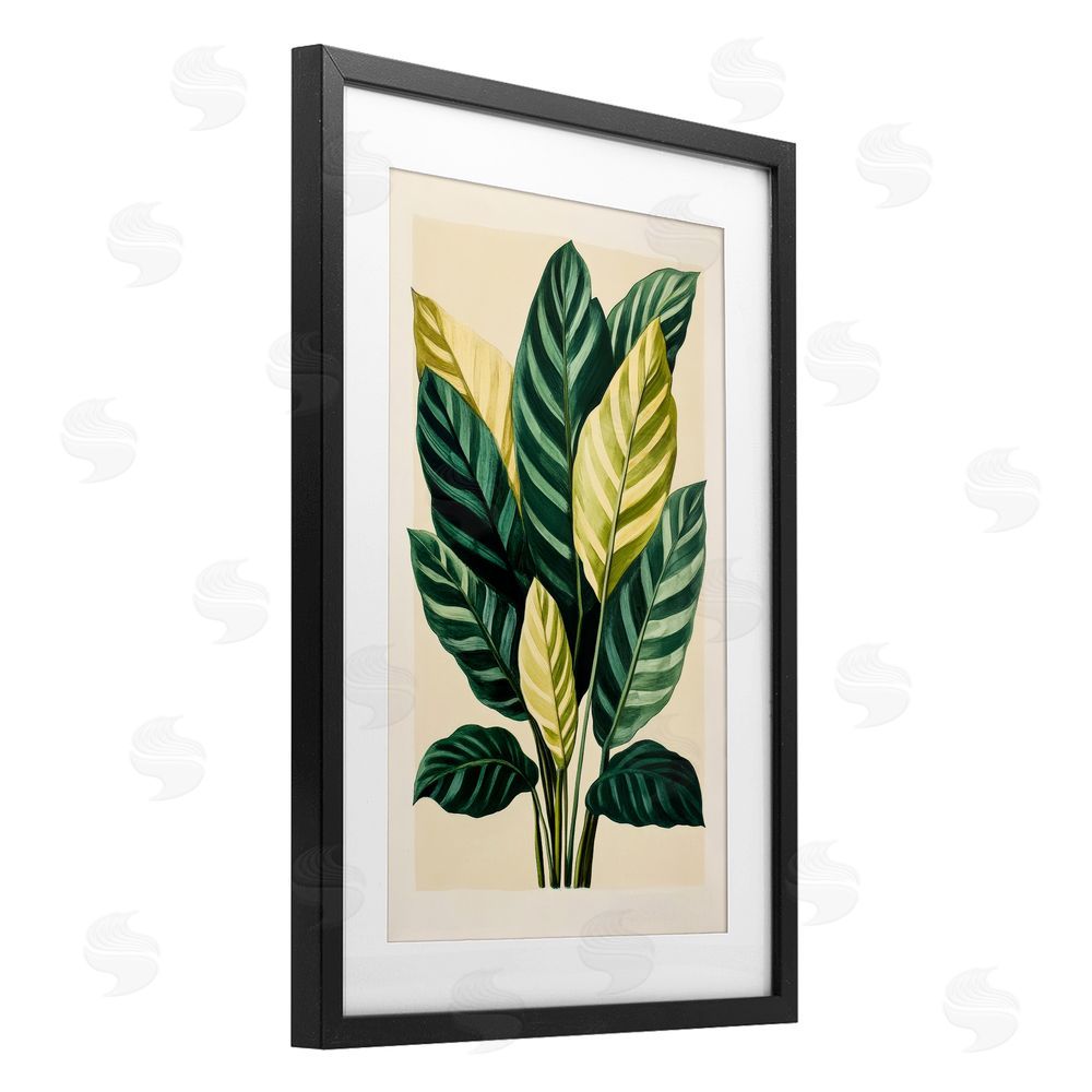Petal Prints Design Tropical Leaves Green Branches Black Framed Print Under Glass with White Mat Wall Art