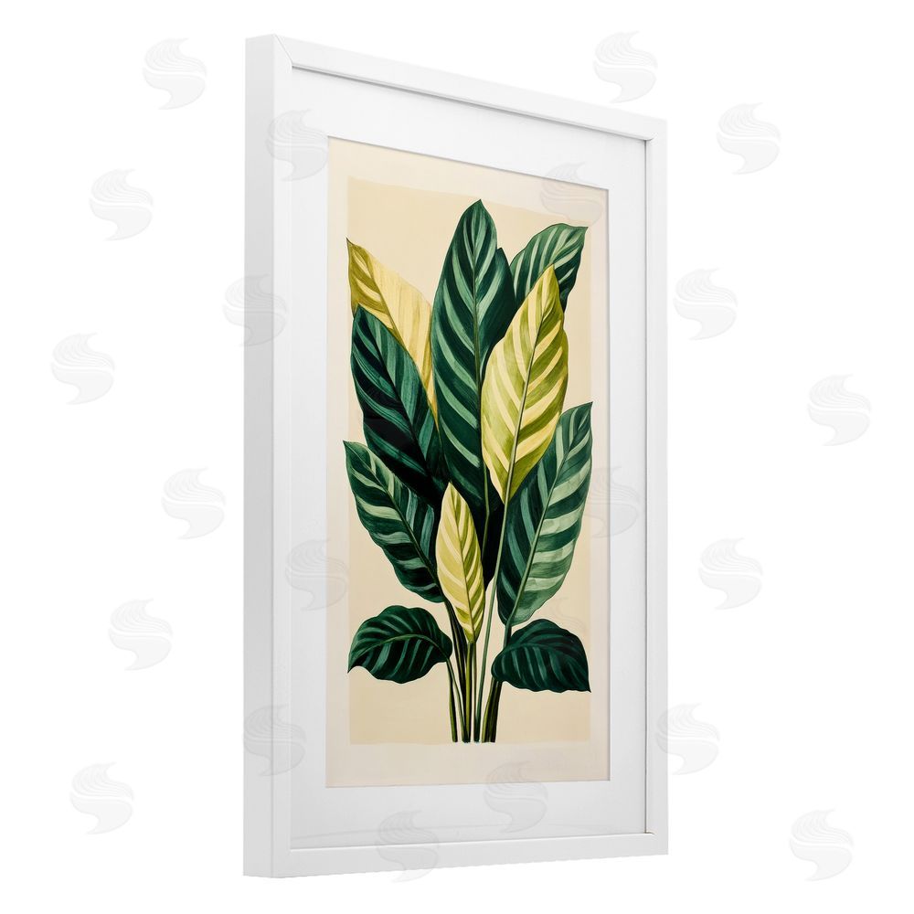 Petal Prints Design Tropical Leaves Green Branches White Framed Print Under Glass with Mat Wall Art