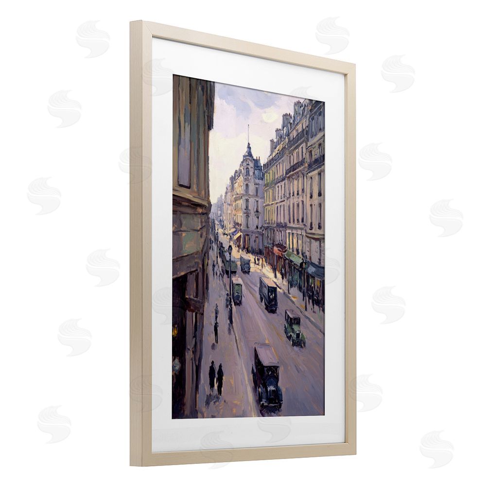 Petal Prints Design Vintage Paris Street Scene Birch Framed Print Under Glass with White Mat Wall Art