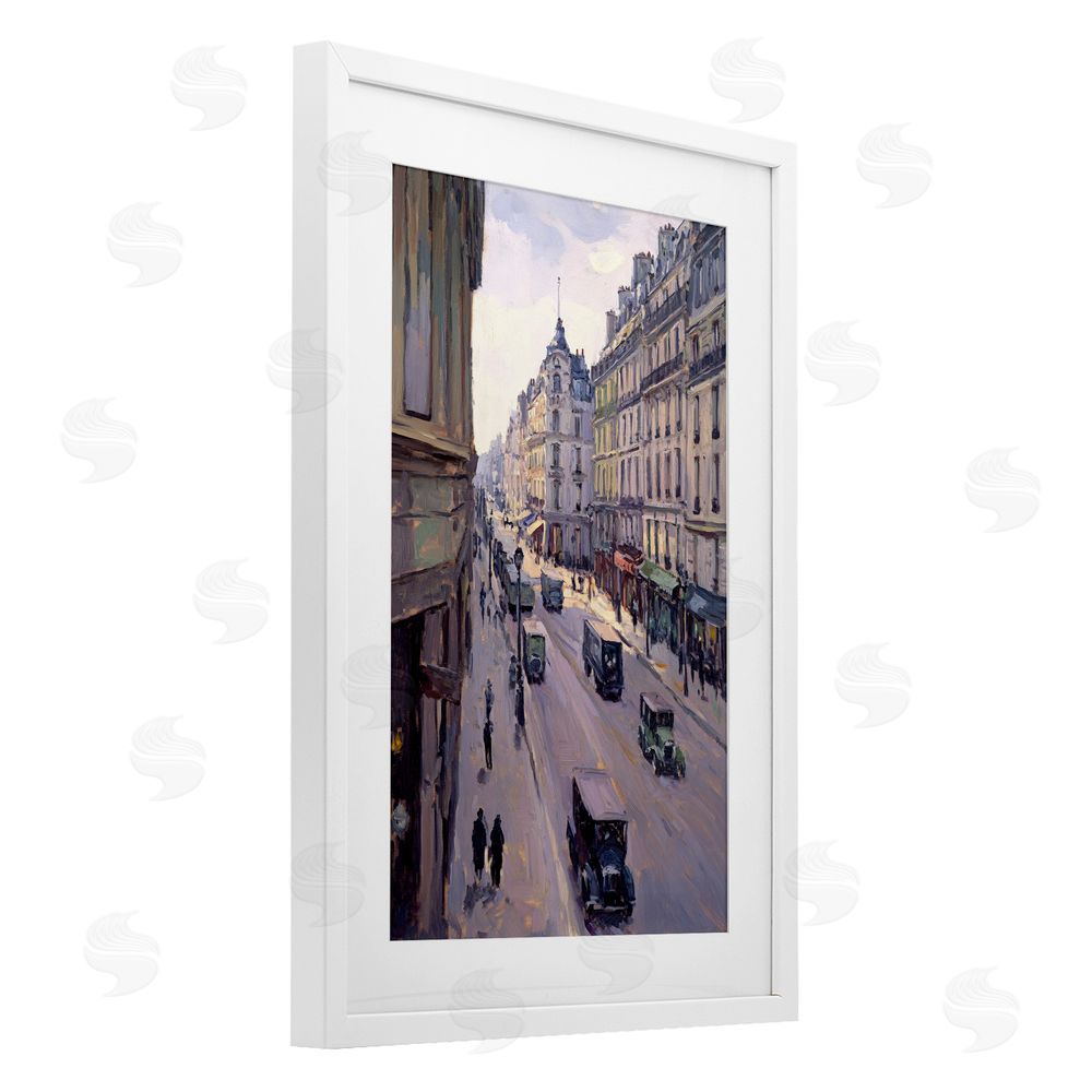 Petal Prints Design Vintage Paris Street Scene White Framed Print Under Glass with Mat Wall Art