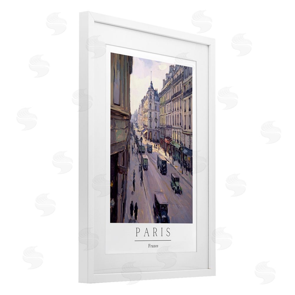 Petal Prints Design Paris Streets Vintage Scene White Framed Print Under Glass with Mat Wall Art