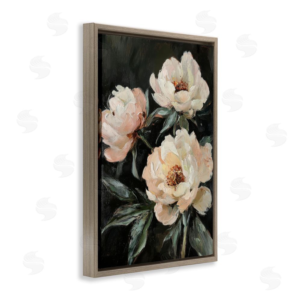 Petal Prints Design Peach Roses Floral Painting Brown Floating Frame Canvas Wall Art Print