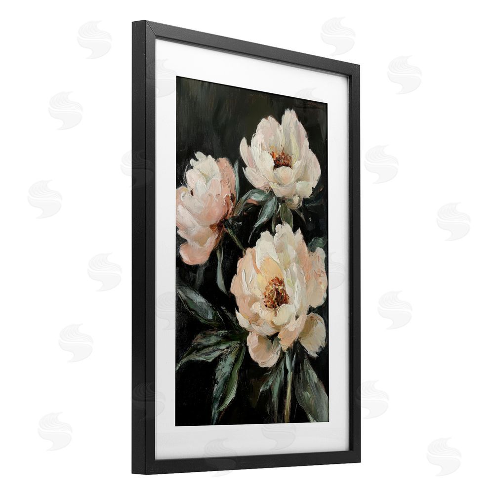 Petal Prints Design Peach Roses Floral Painting Black Framed Print Under Glass with White Mat Wall Art