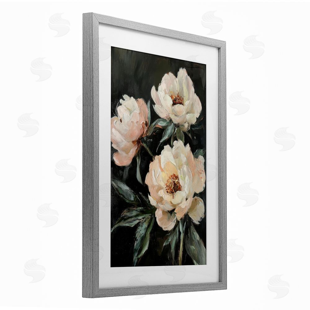 Petal Prints Design Peach Roses Floral Painting Gray Framed Print Under Glass with White Mat Wall Art