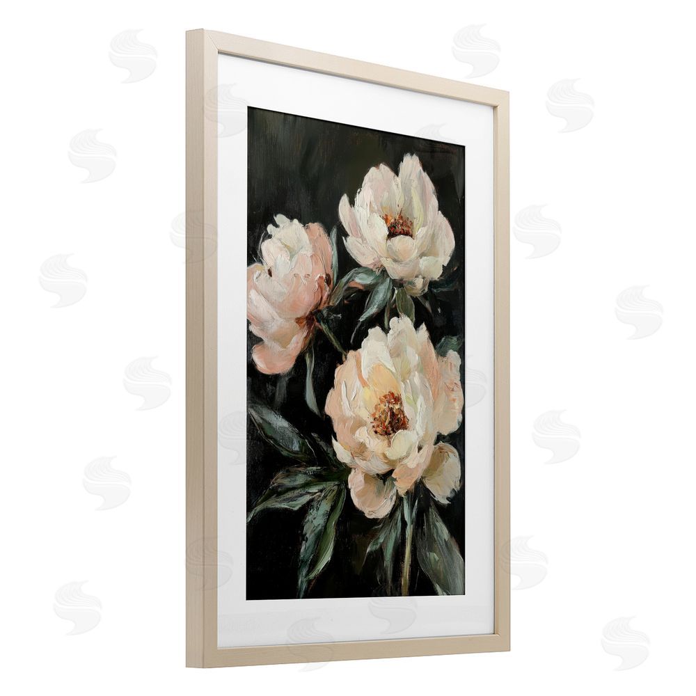 Petal Prints Design Peach Roses Floral Painting Birch Framed Print Under Glass with White Mat Wall Art