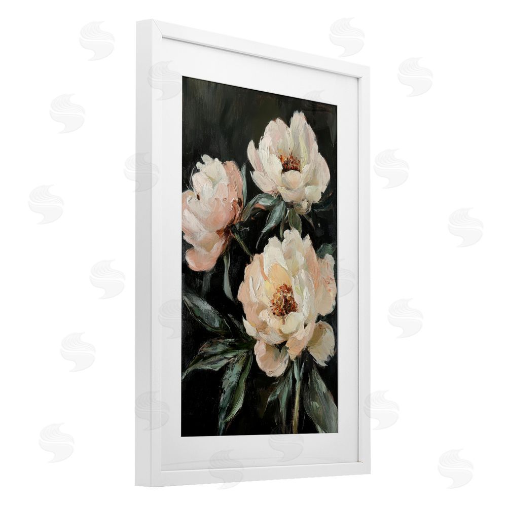 Petal Prints Design Peach Roses Floral Painting White Framed Print Under Glass with Mat Wall Art
