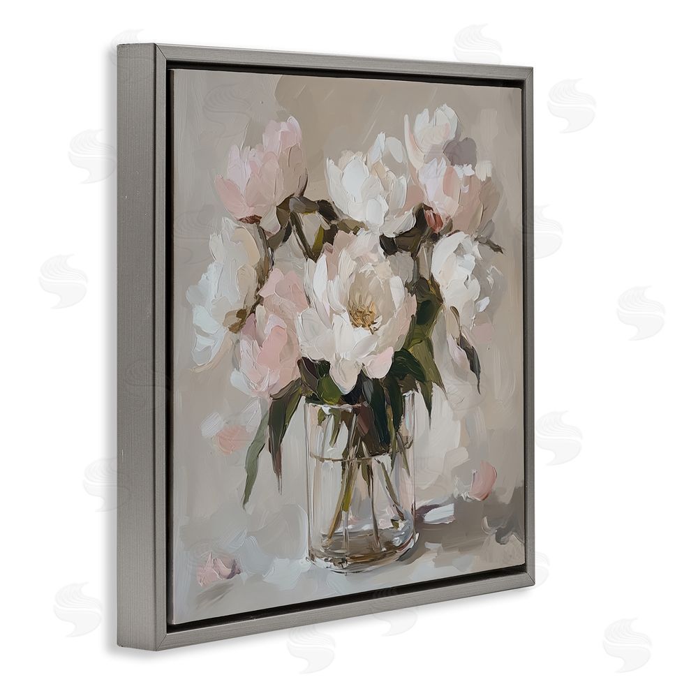 Gina Kelly Pink Peonies in Clear Vase Gray Floating Frame Canvas Wall Art Print