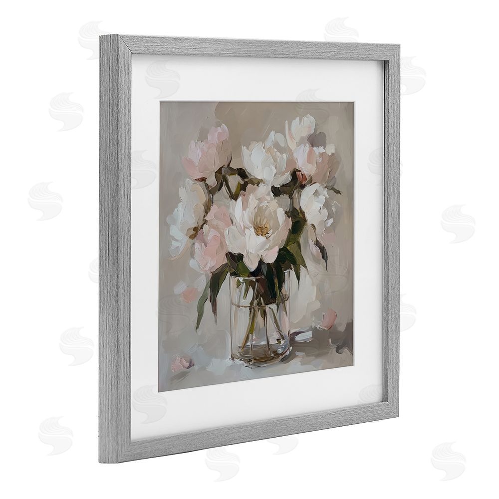 Gina Kelly Pink Peonies in Clear Vase Gray Framed Print Under Glass with White Mat Wall Art