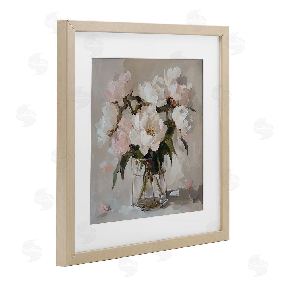 Gina Kelly Pink Peonies in Clear Vase Birch Framed Print Under Glass with White Mat Wall Art