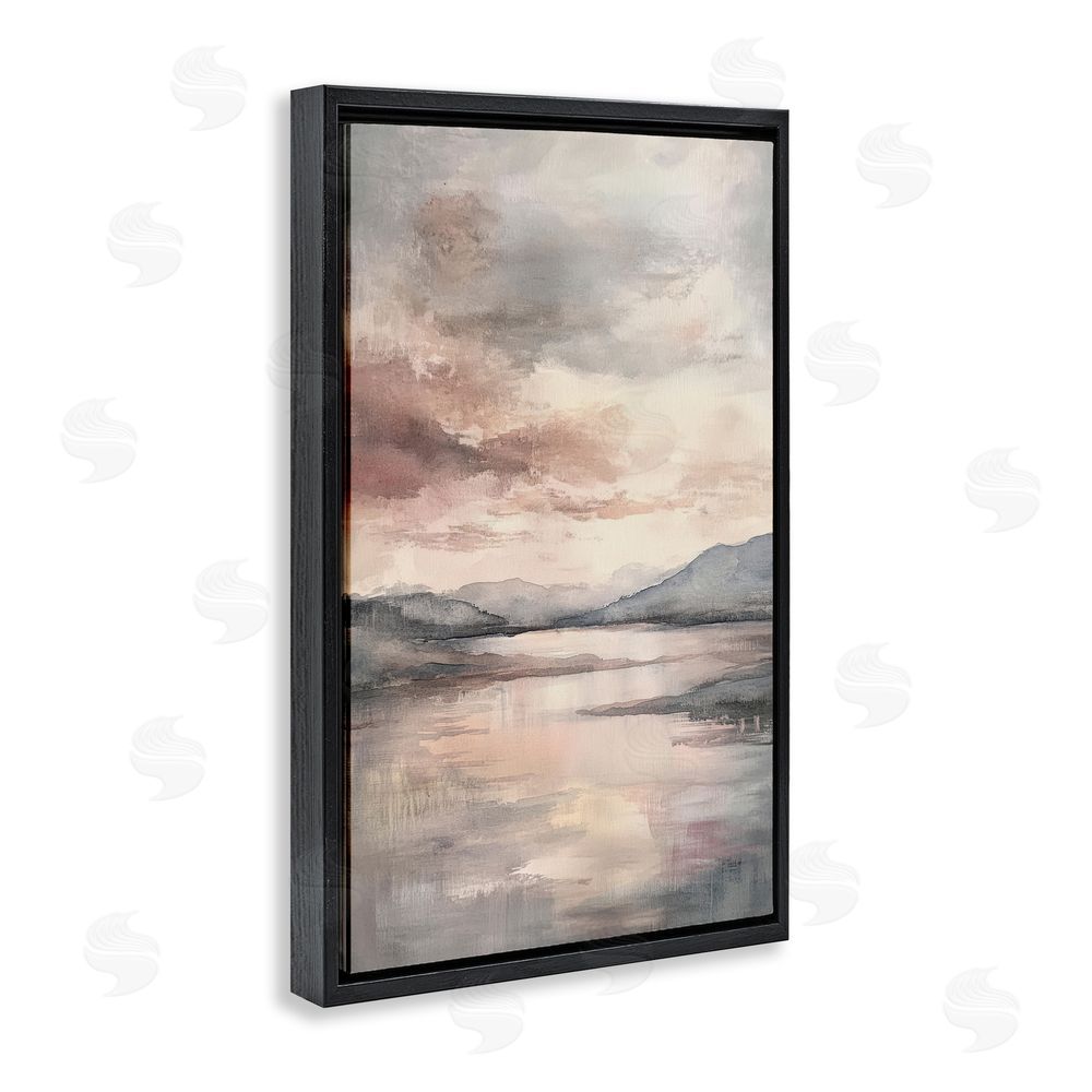 Petal Prints Design Cloud Covered Lake Landscape Black Floating Frame Canvas Wall Art Print