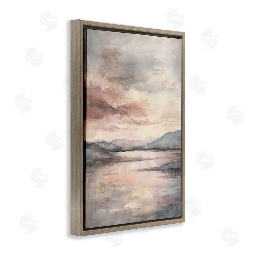 Petal Prints Design Cloud Covered Lake Landscape Brown Floating Frame Canvas Wall Art Print
