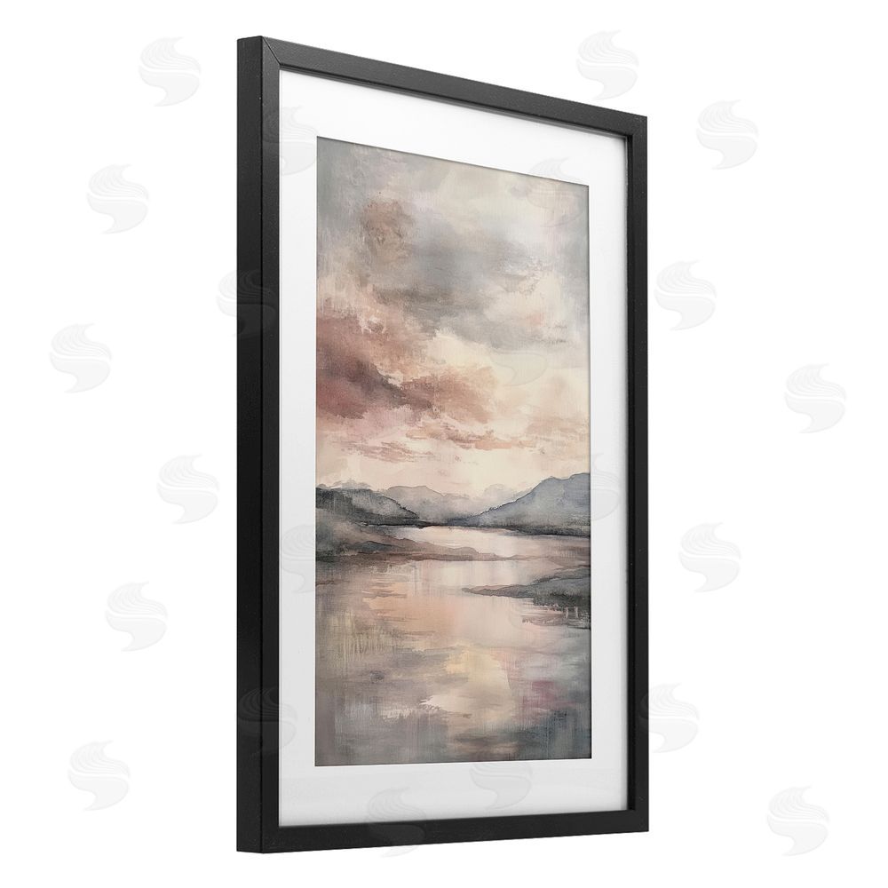 Petal Prints Design Cloud Covered Lake Landscape Black Framed Print Under Glass with White Mat Wall Art