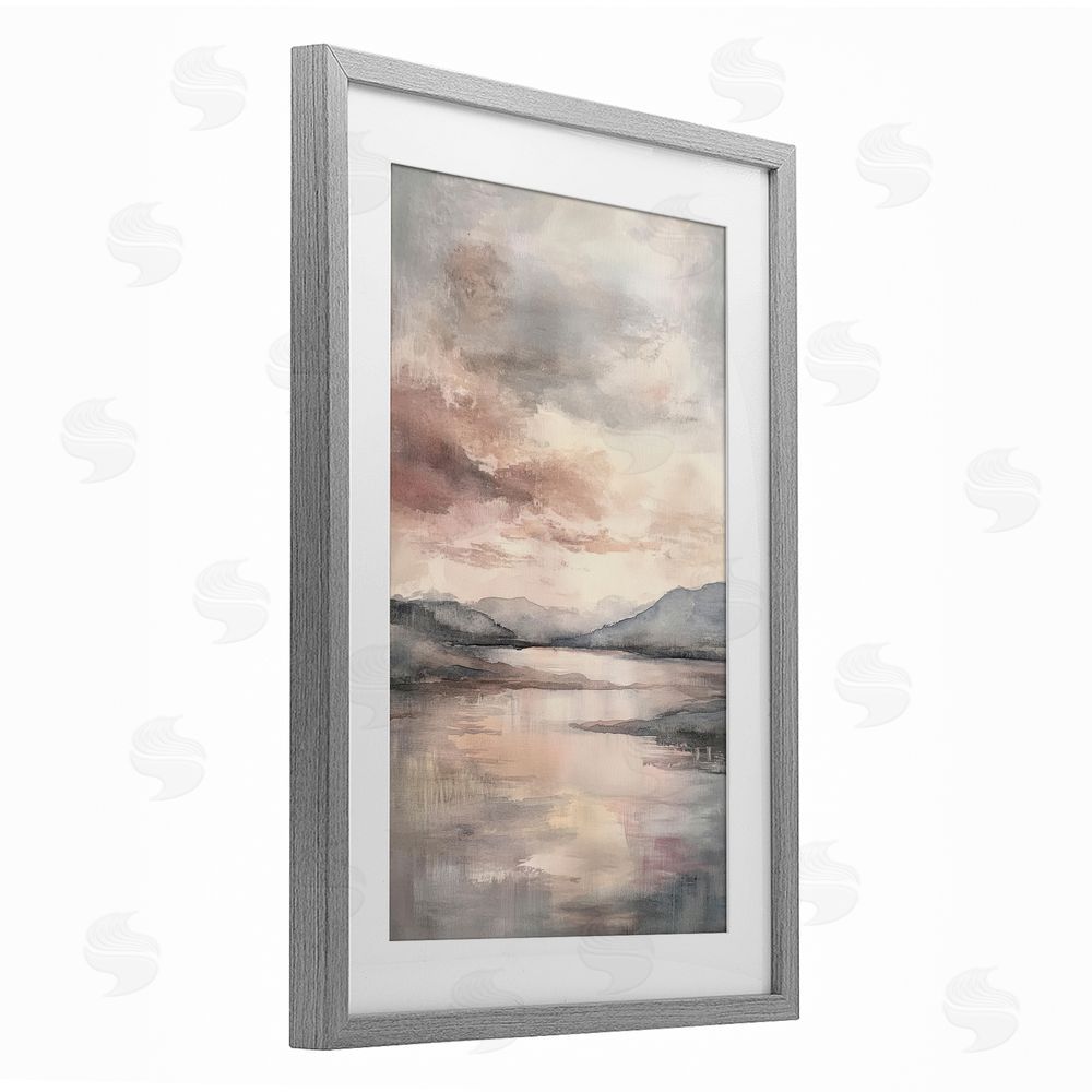 Petal Prints Design Cloud Covered Lake Landscape Gray Framed Print Under Glass with White Mat Wall Art
