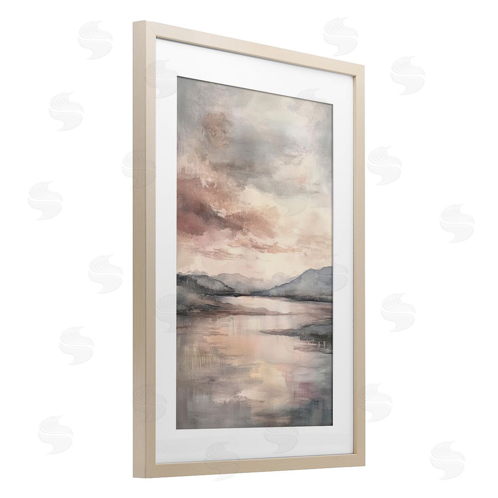 Petal Prints Design Cloud Covered Lake Landscape Birch Framed Print Under Glass with White Mat Wall Art