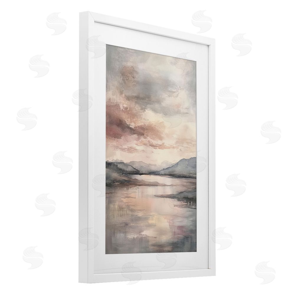 Petal Prints Design Cloud Covered Lake Landscape White Framed Print Under Glass with Mat Wall Art