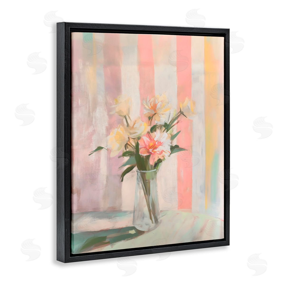 Arlington Prints Pastel Flower Arrangement Stripes Black Floating Frame Canvas Wall Art Print