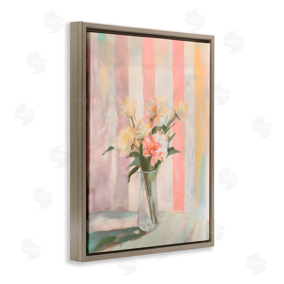 Arlington Prints Pastel Flower Arrangement Stripes Brown Floating Frame Canvas Art Print