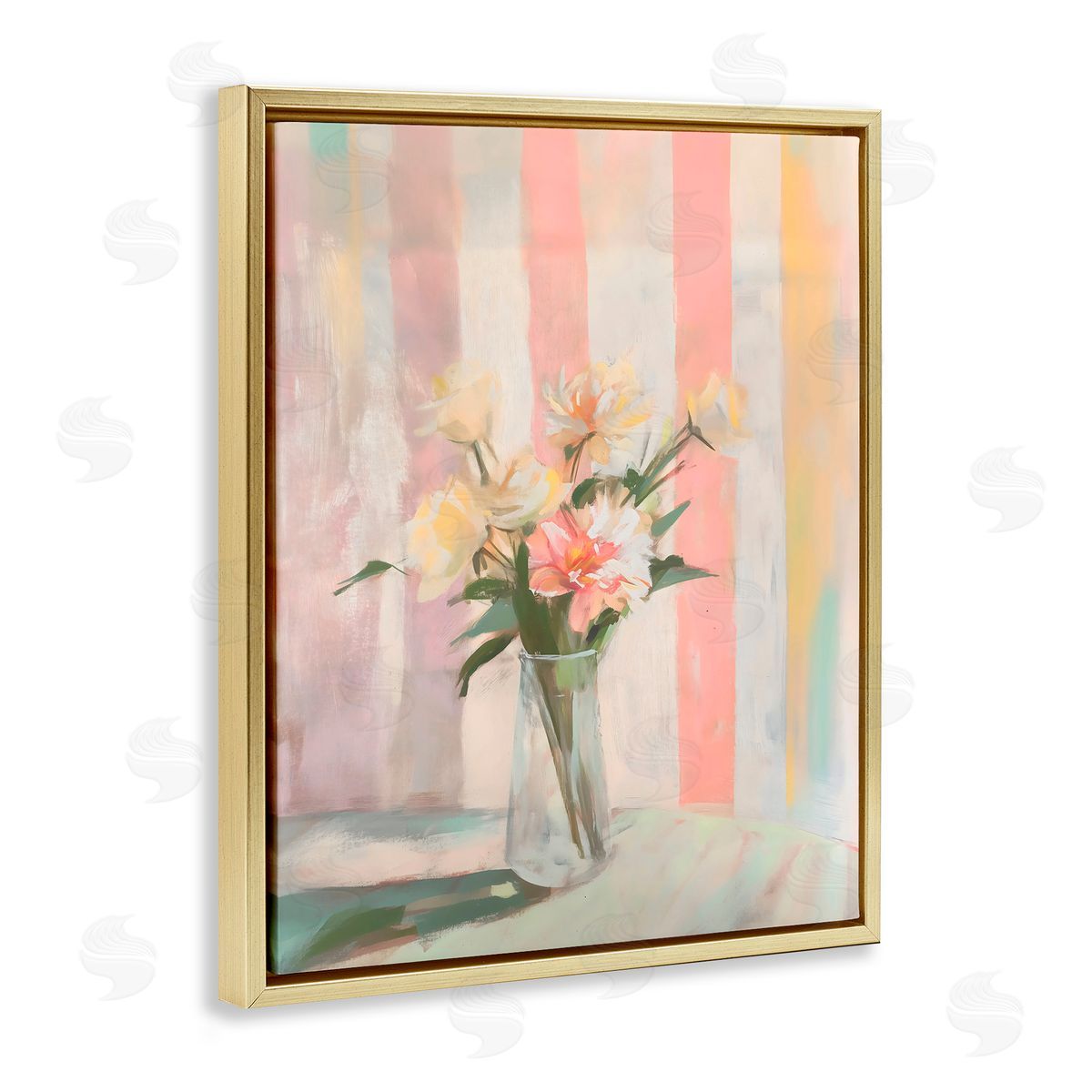Arlington Prints Pastel Flower Arrangement Stripes Gold Floating Frame Canvas Art Print