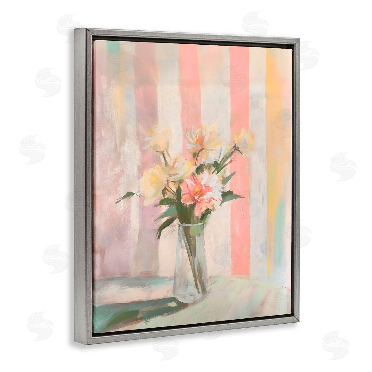 Arlington Prints Pastel Flower Arrangement Stripes Gray Floating Frame Canvas Art Print