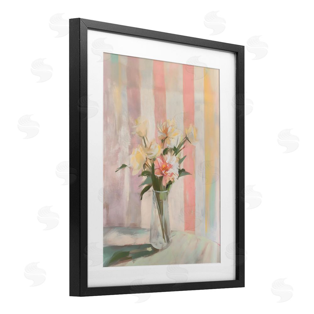 Arlington Prints Pastel Flower Arrangement Stripes Black Framed Print Under Glass Art