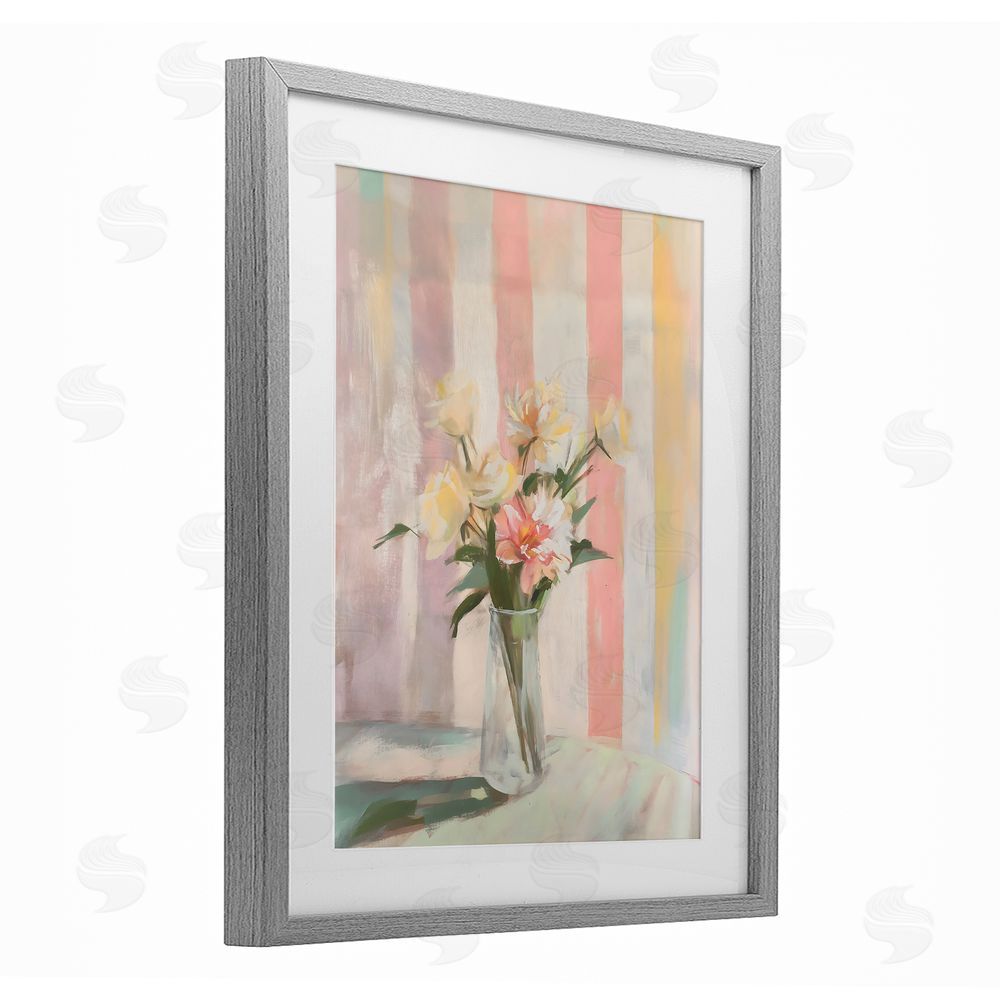 Arlington Prints Pastel Flower Arrangement Stripes Gray Framed Print Under Glass Art