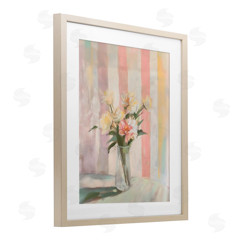 Arlington Prints Pastel Flower Arrangement Stripes Birch Framed Print Under Glass Art
