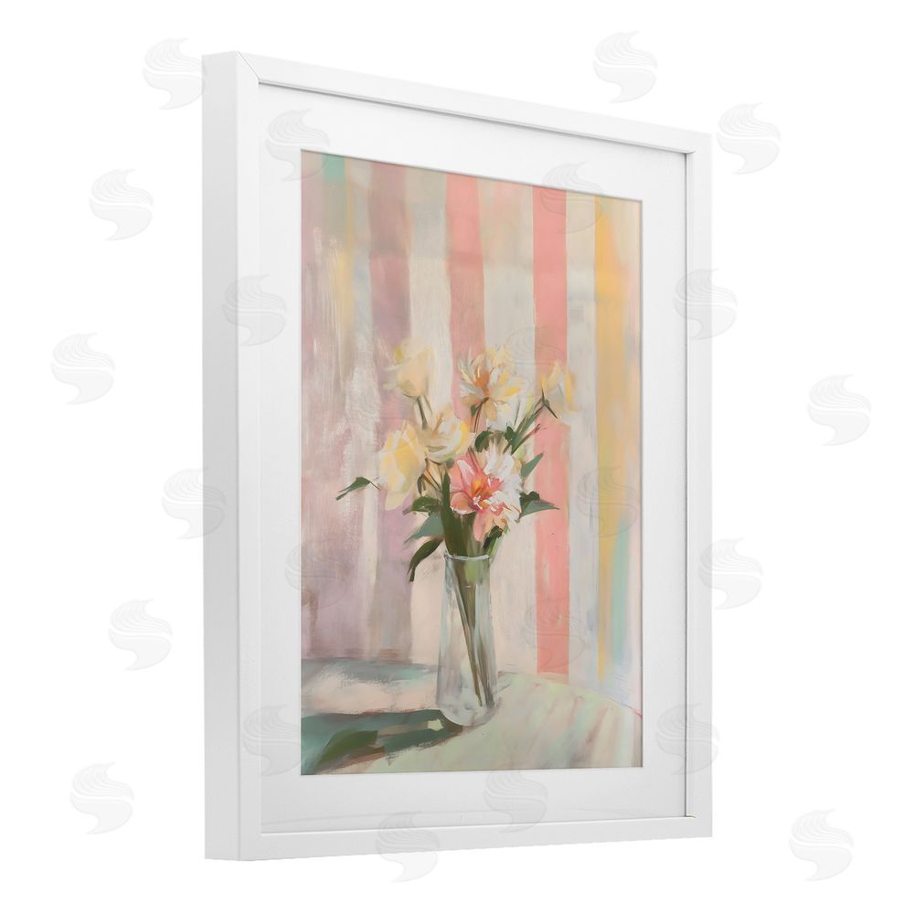 Arlington Prints Pastel Flower Arrangement Stripes White Framed Print Under Glass Art