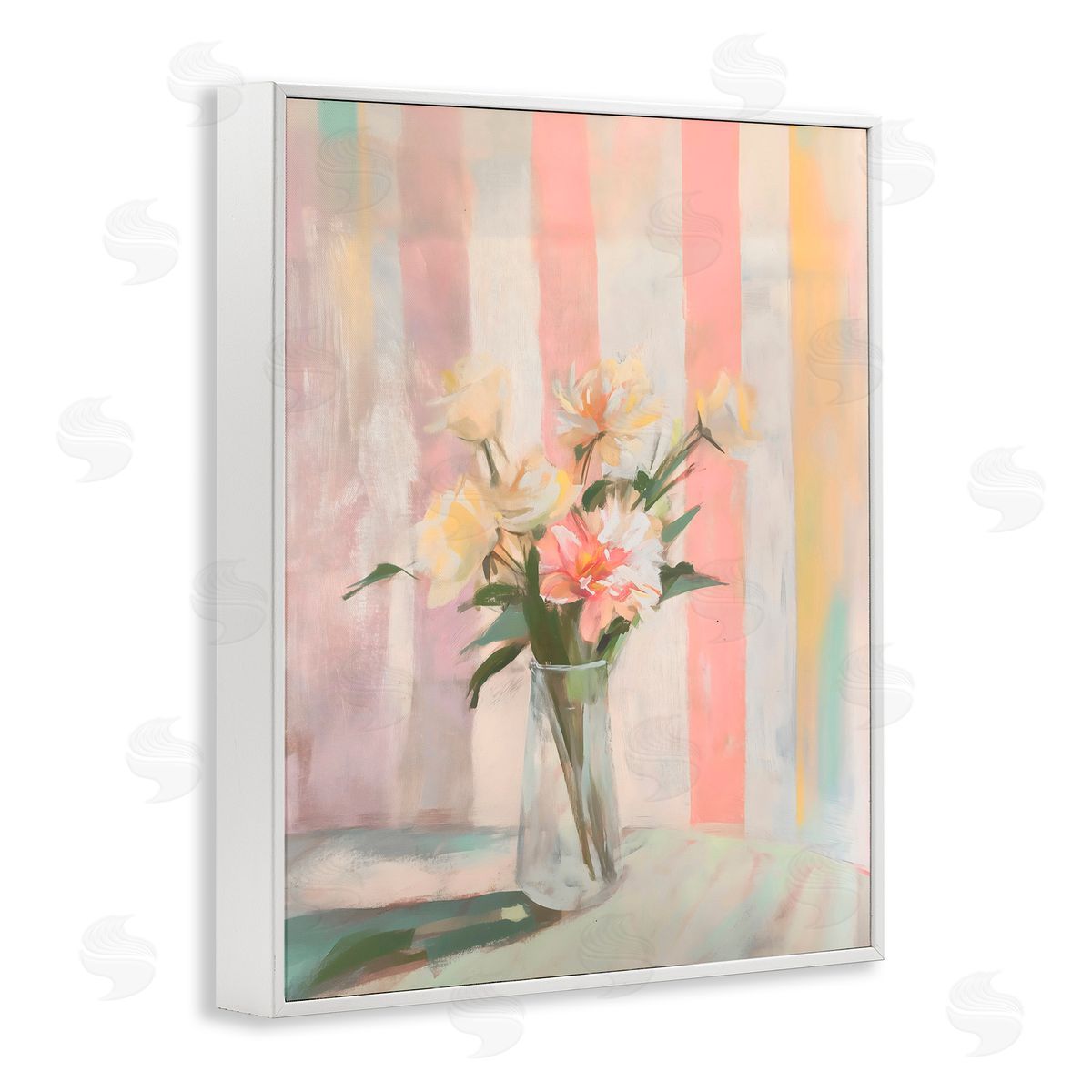 Arlington Prints Pastel Flower Arrangement Stripes White Frame Giclee Art Print