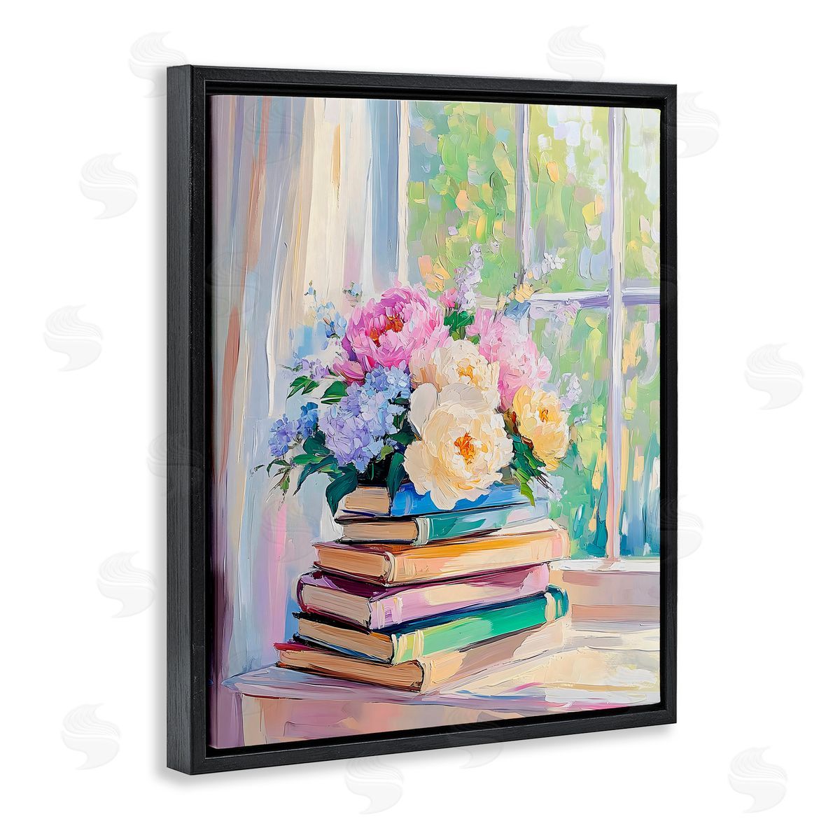 Arlington Prints Pastel Floral Book Stack Black Floating Frame Canvas Wall Art Print