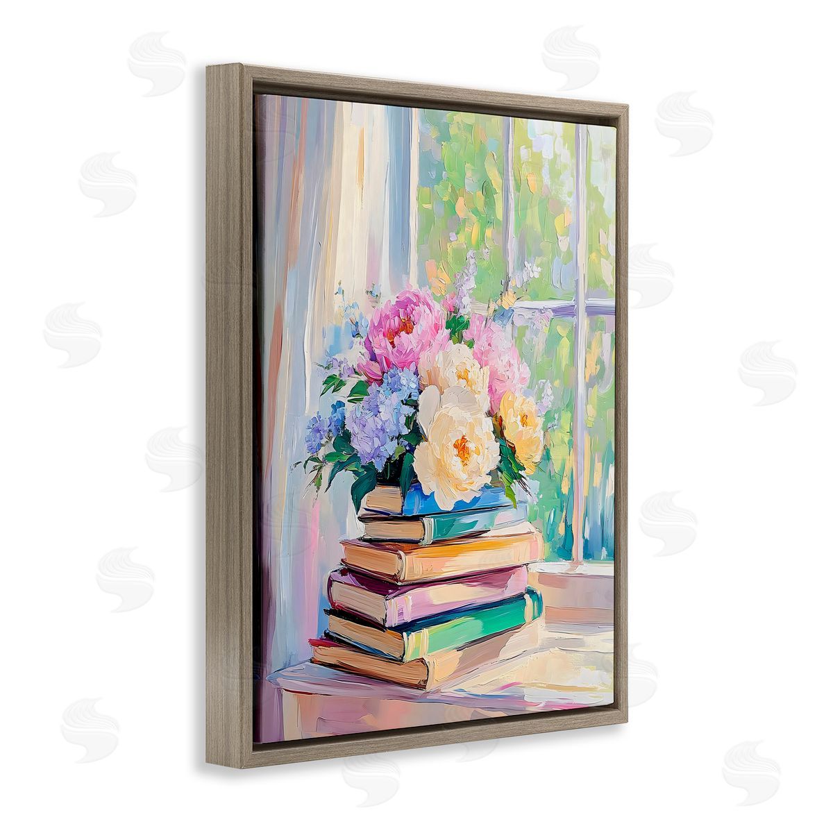 Arlington Prints Pastel Floral Book Stack Brown Floating Frame Canvas Art Print