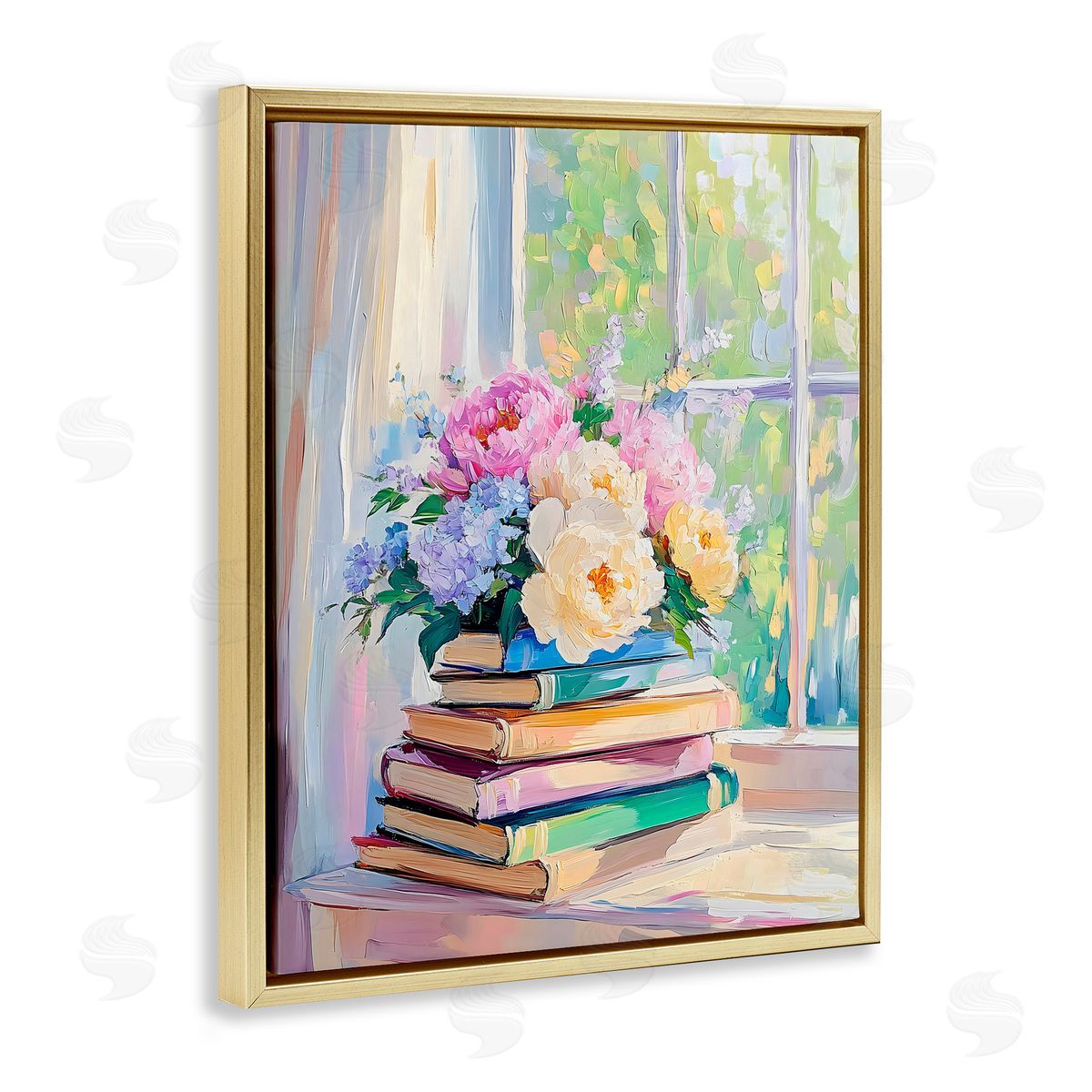 Arlington Prints Pastel Floral Book Stack Gold Floating Frame Canvas Art Print