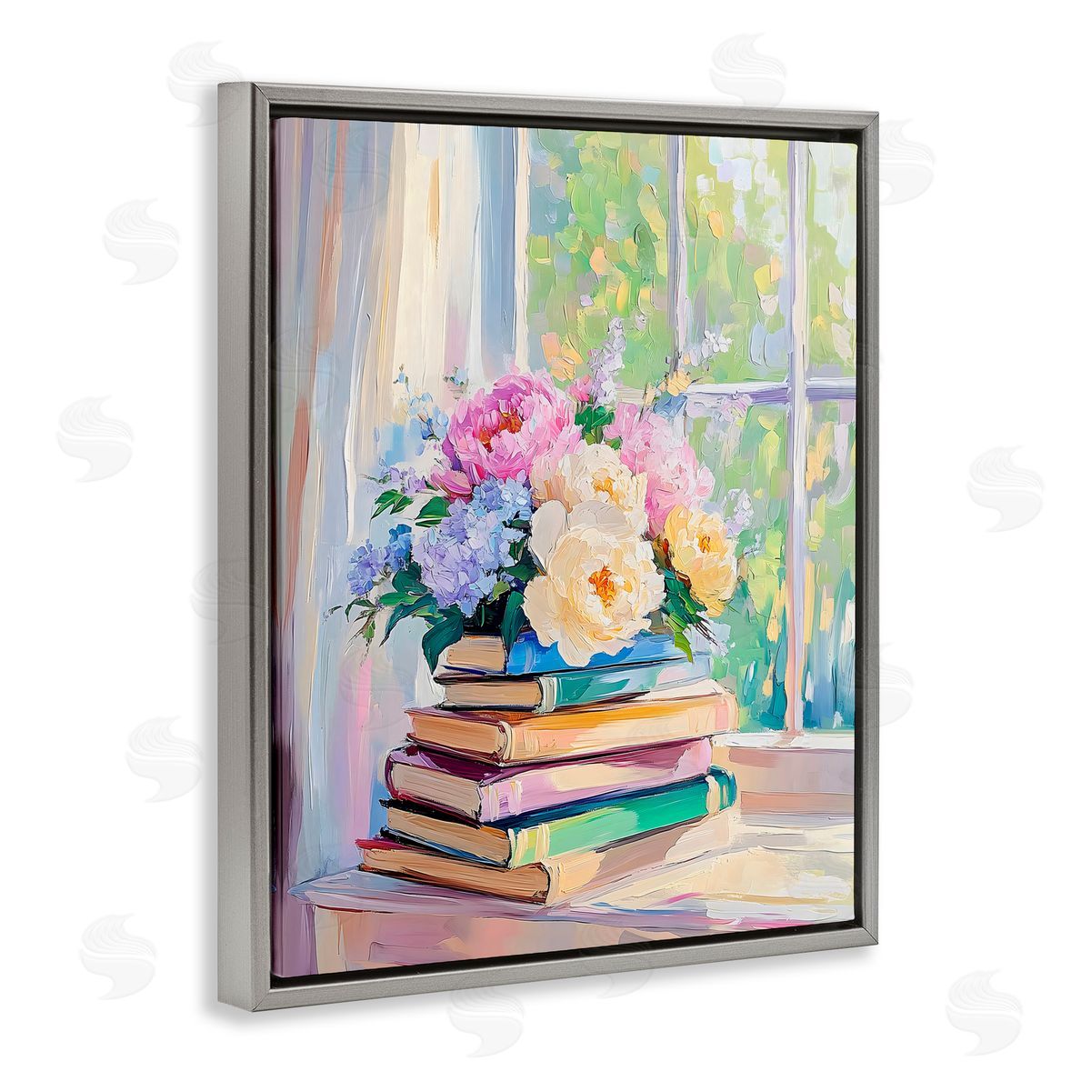 Arlington Prints Pastel Floral Book Stack Gray Floating Frame Canvas Art Print