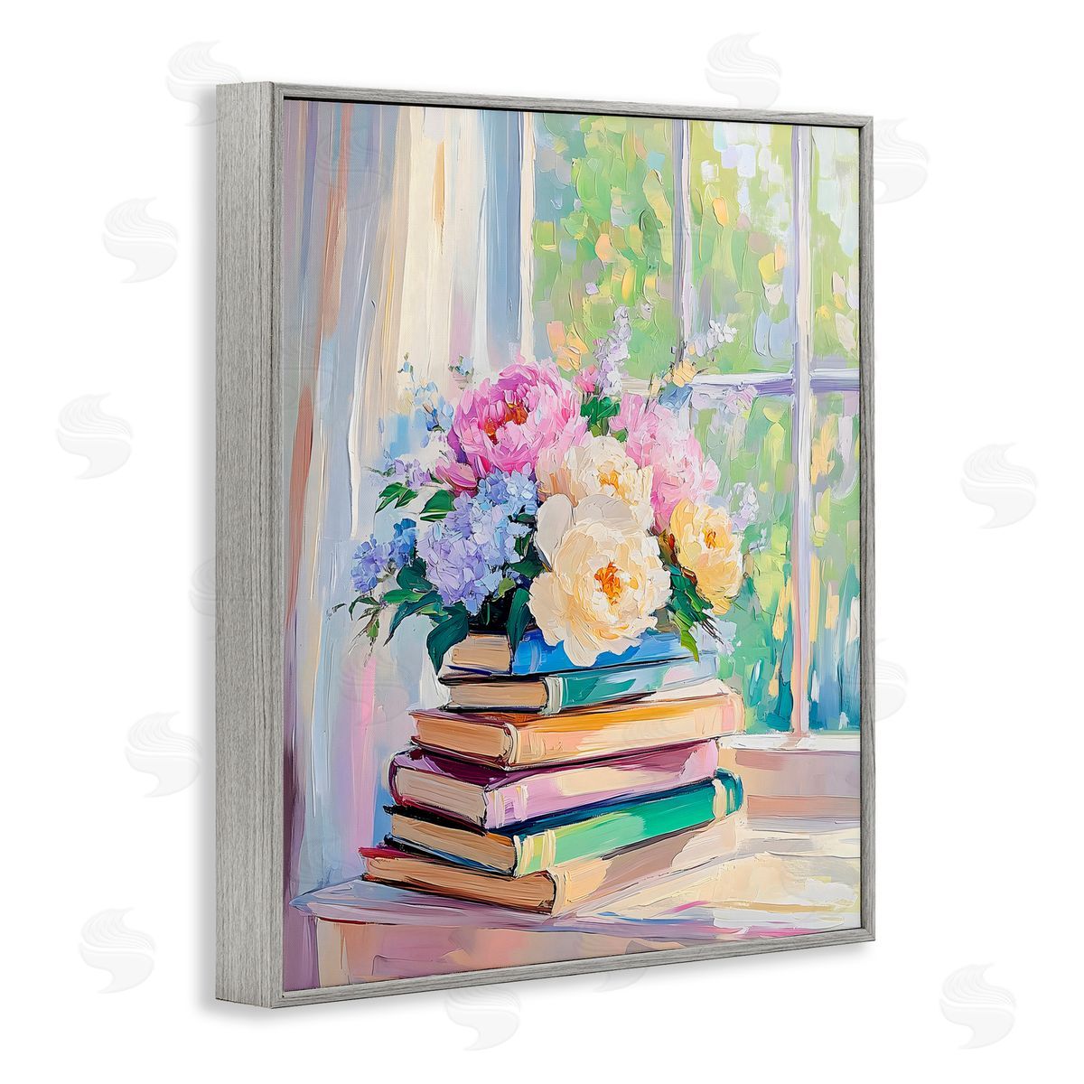 Arlington Prints Pastel Floral Book Stack Gray Framed Giclee Art Print