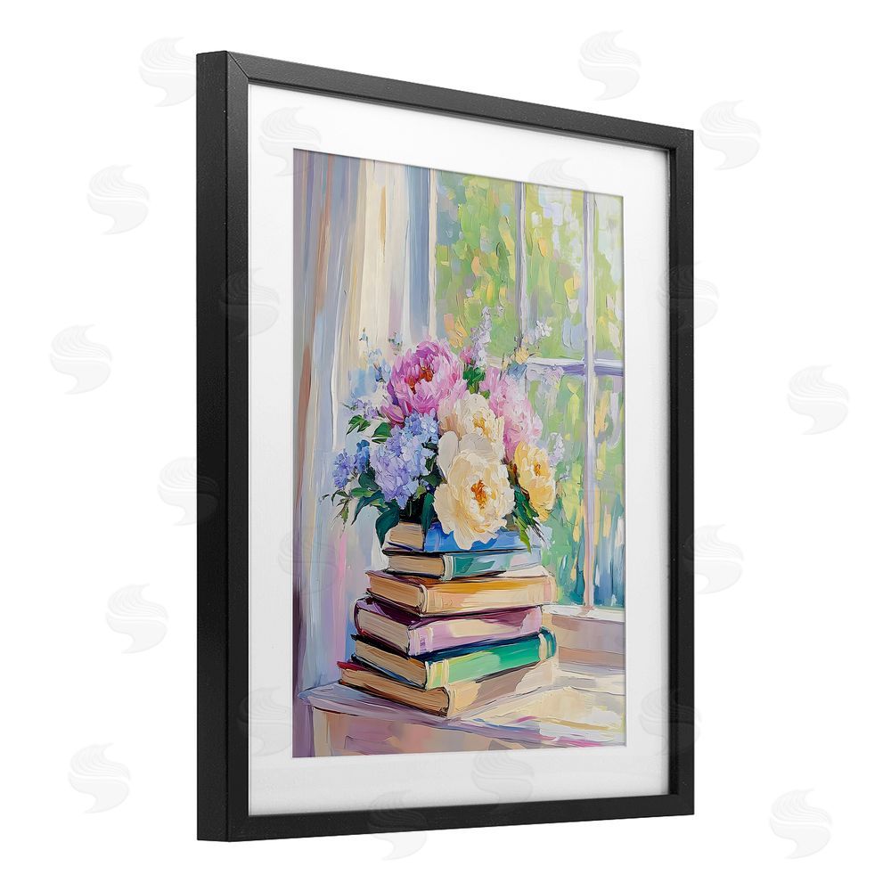 Arlington Prints Pastel Floral Book Stack Black Framed Print Under Glass Art