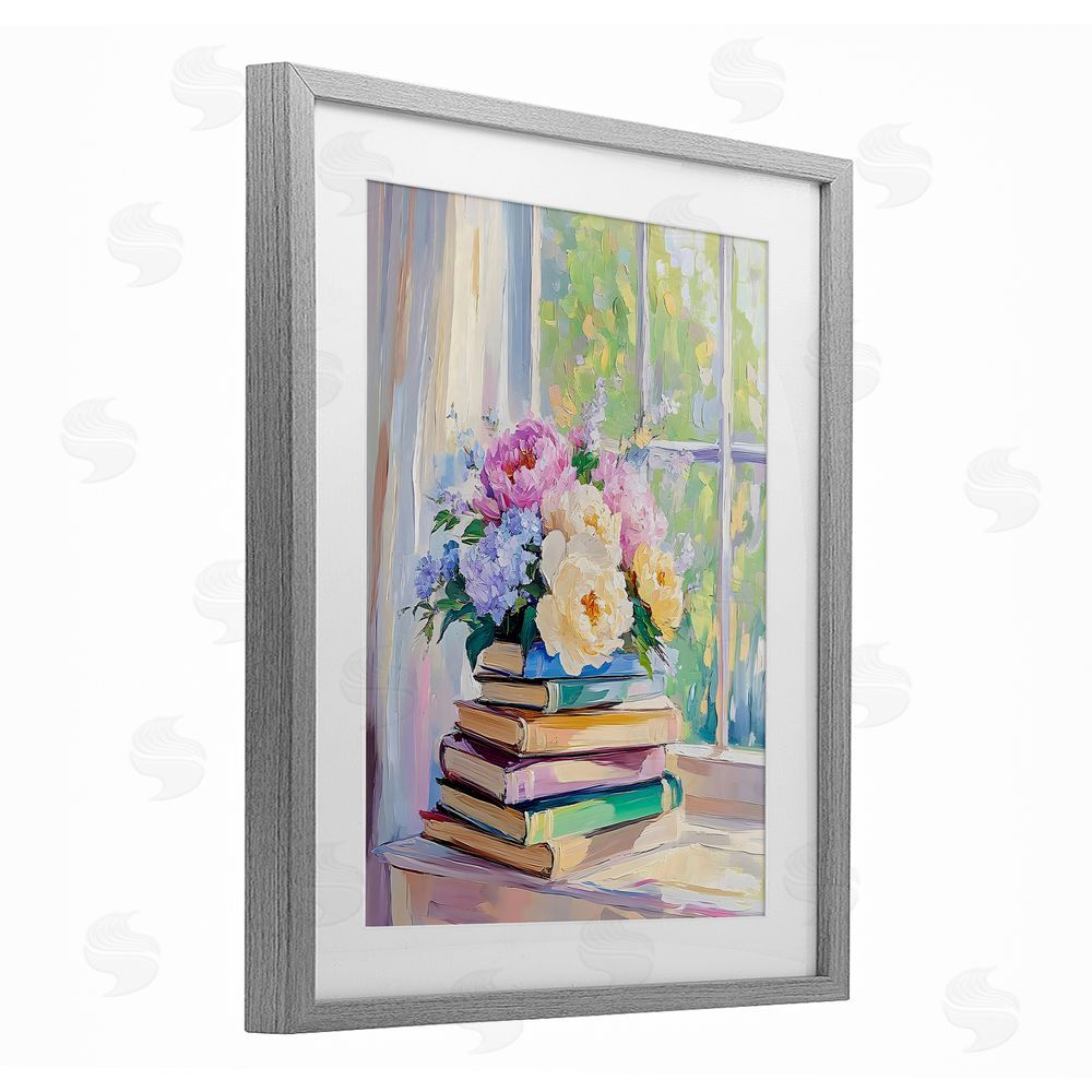 Arlington Prints Pastel Floral Book Stack Gray Framed Print Under Glass Art