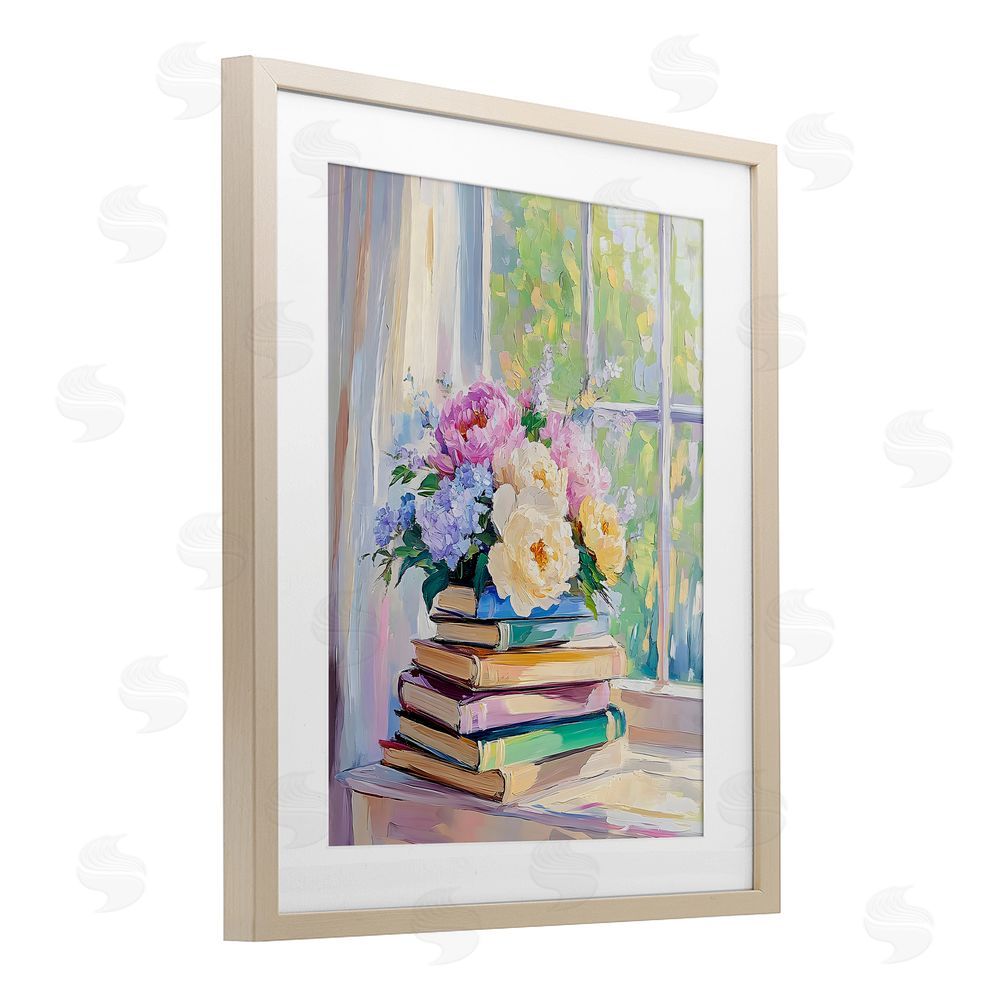 Arlington Prints Pastel Floral Book Stack Birch Framed Print Under Glass Art