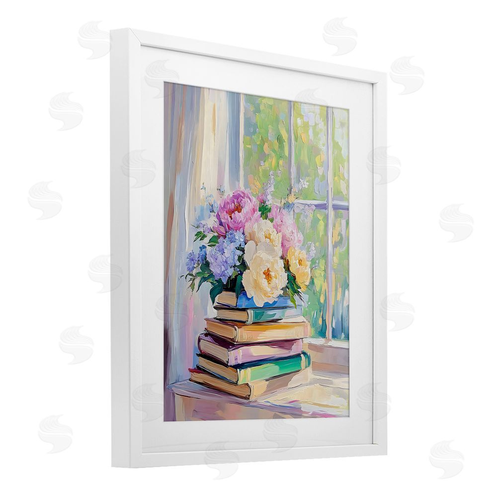Arlington Prints Pastel Floral Book Stack White Framed Print Under Glass Art