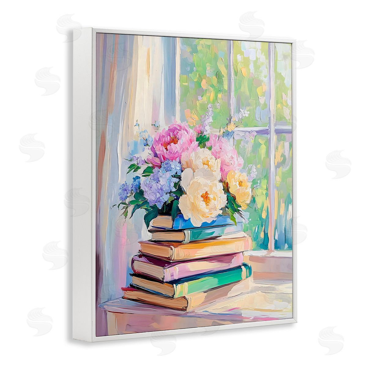 Arlington Prints Pastel Floral Book Stack White Frame Giclee Art Print
