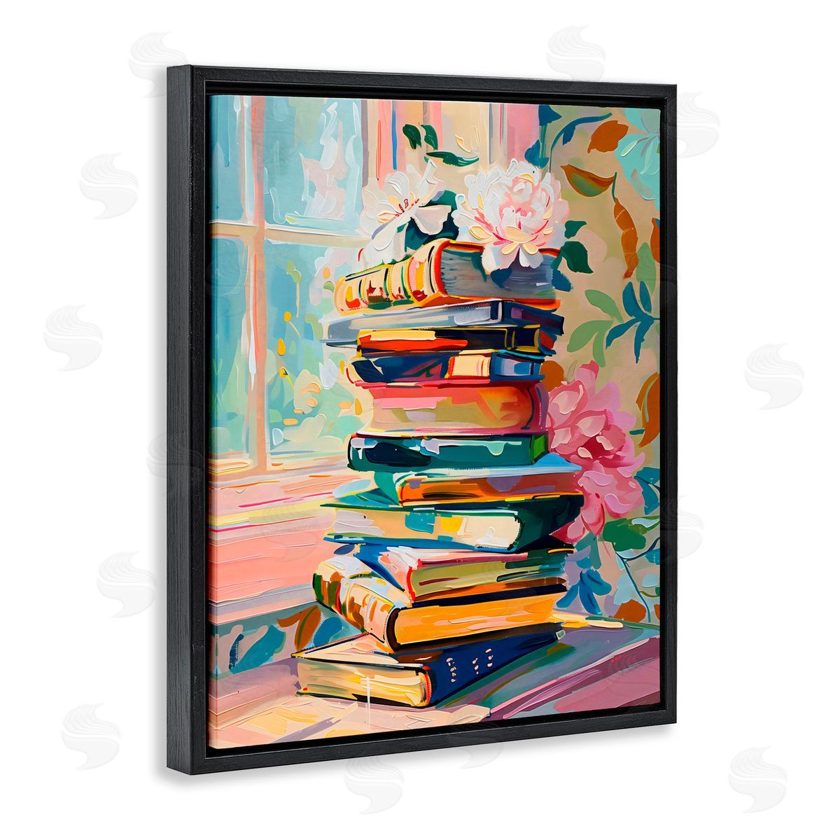 Arlington Prints Vivid Bookstack by Window Black Floating Frame Canvas Wall Art Print