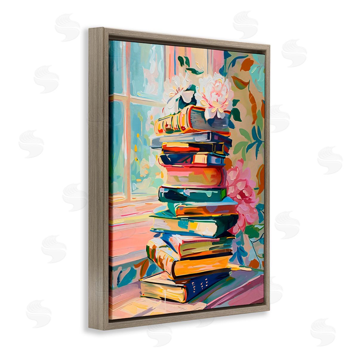 Arlington Prints Vivid Bookstack by Window Brown Floating Frame Canvas Art Print