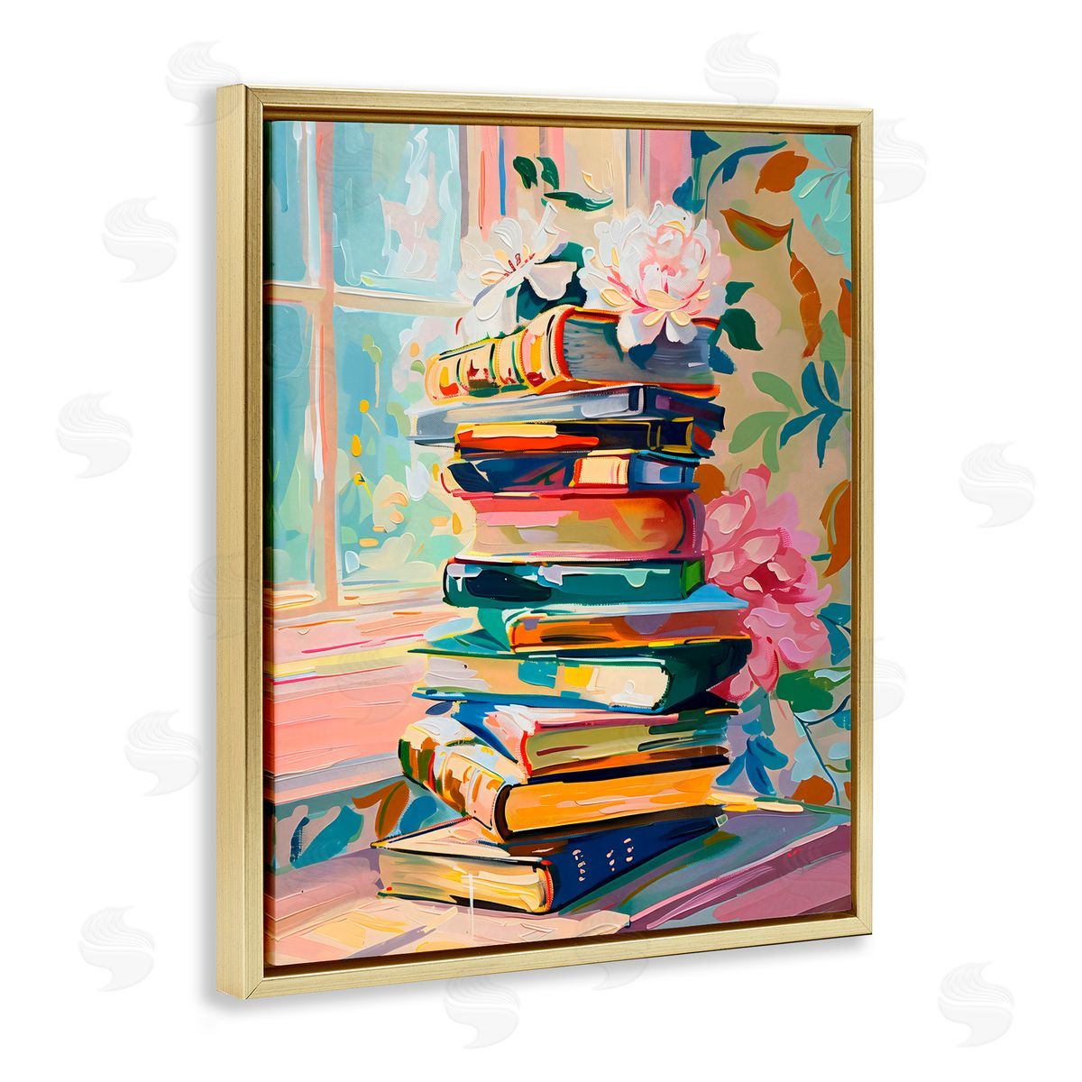 Arlington Prints Vivid Bookstack by Window Gold Floating Frame Canvas Art Print