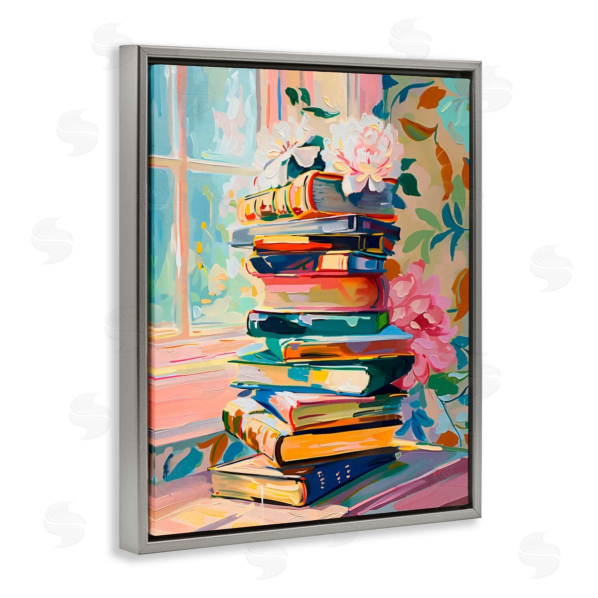 Arlington Prints Vivid Bookstack by Window Gray Floating Frame Canvas Art Print