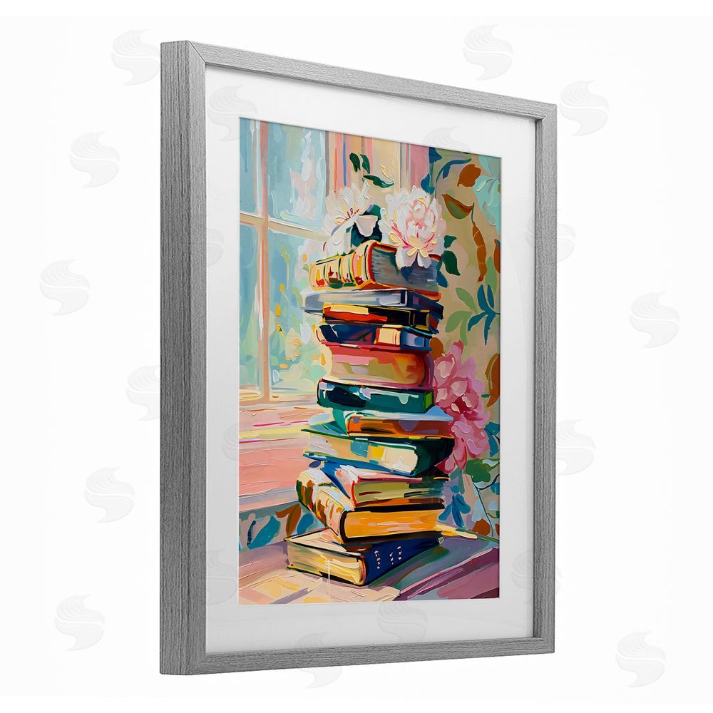 Arlington Prints Vivid Bookstack by Window Gray Framed Print Under Glass Art