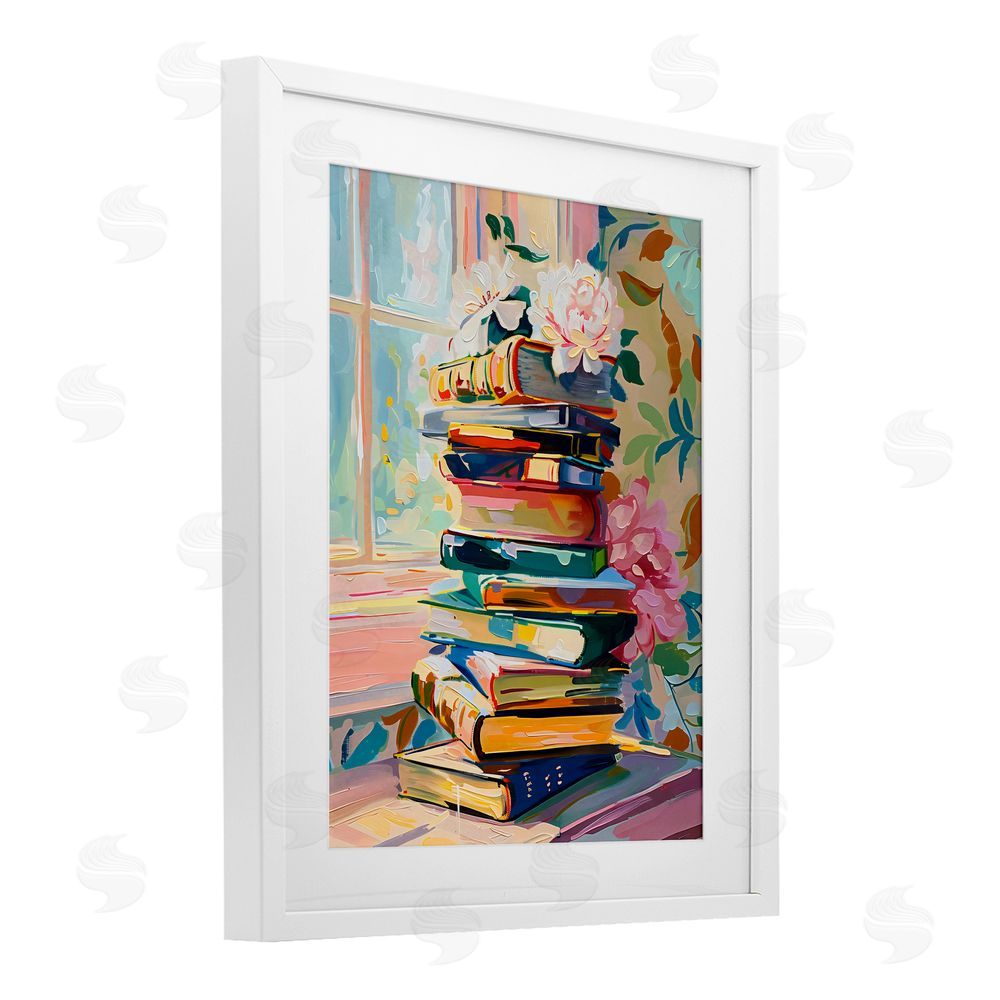 Arlington Prints Vivid Bookstack by Window White Framed Print Under Glass Art