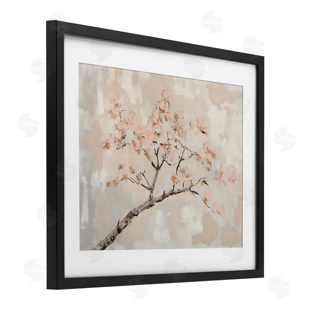 Franklyn Gregory Muted Cherry Blossoms Branch Black Framed Print Under Glass with White Mat Wall Art