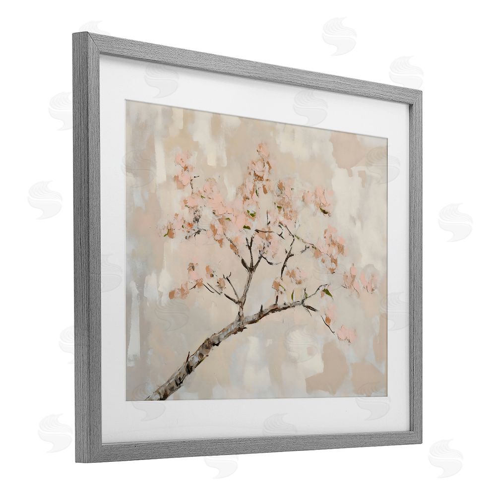 Franklyn Gregory Muted Cherry Blossoms Branch Gray Framed Print Under Glass with White Mat Wall Art