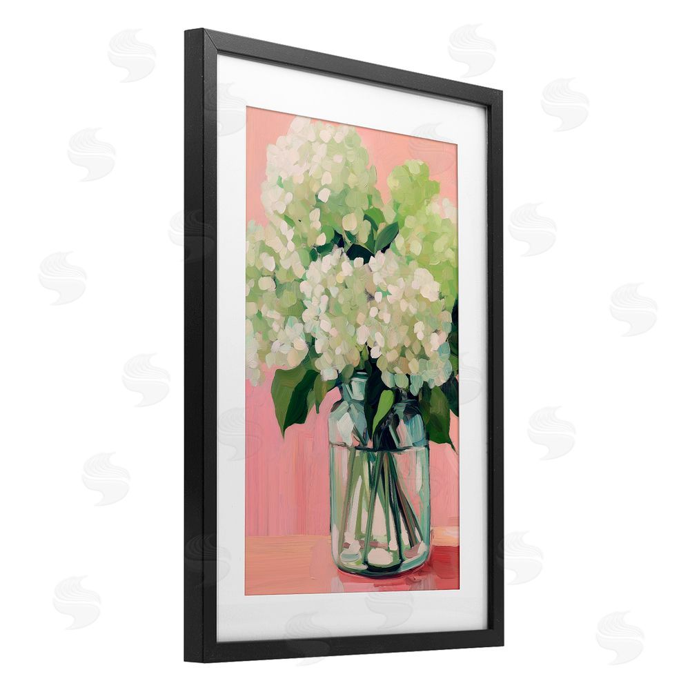 Gina Kelly Hydrangea on Pink Background Black Framed Print Under Glass with White Mat Wall Art