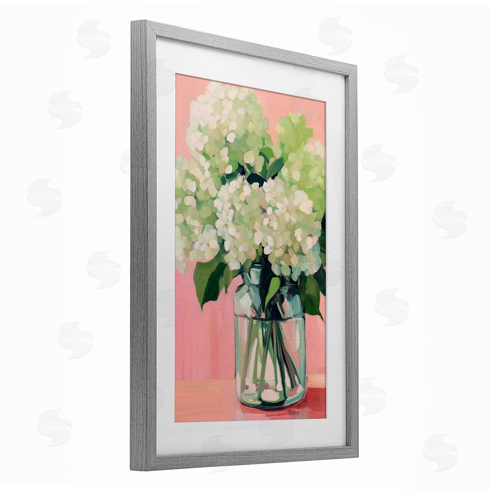 Gina Kelly Hydrangea on Pink Background Gray Framed Print Under Glass with White Mat Wall Art