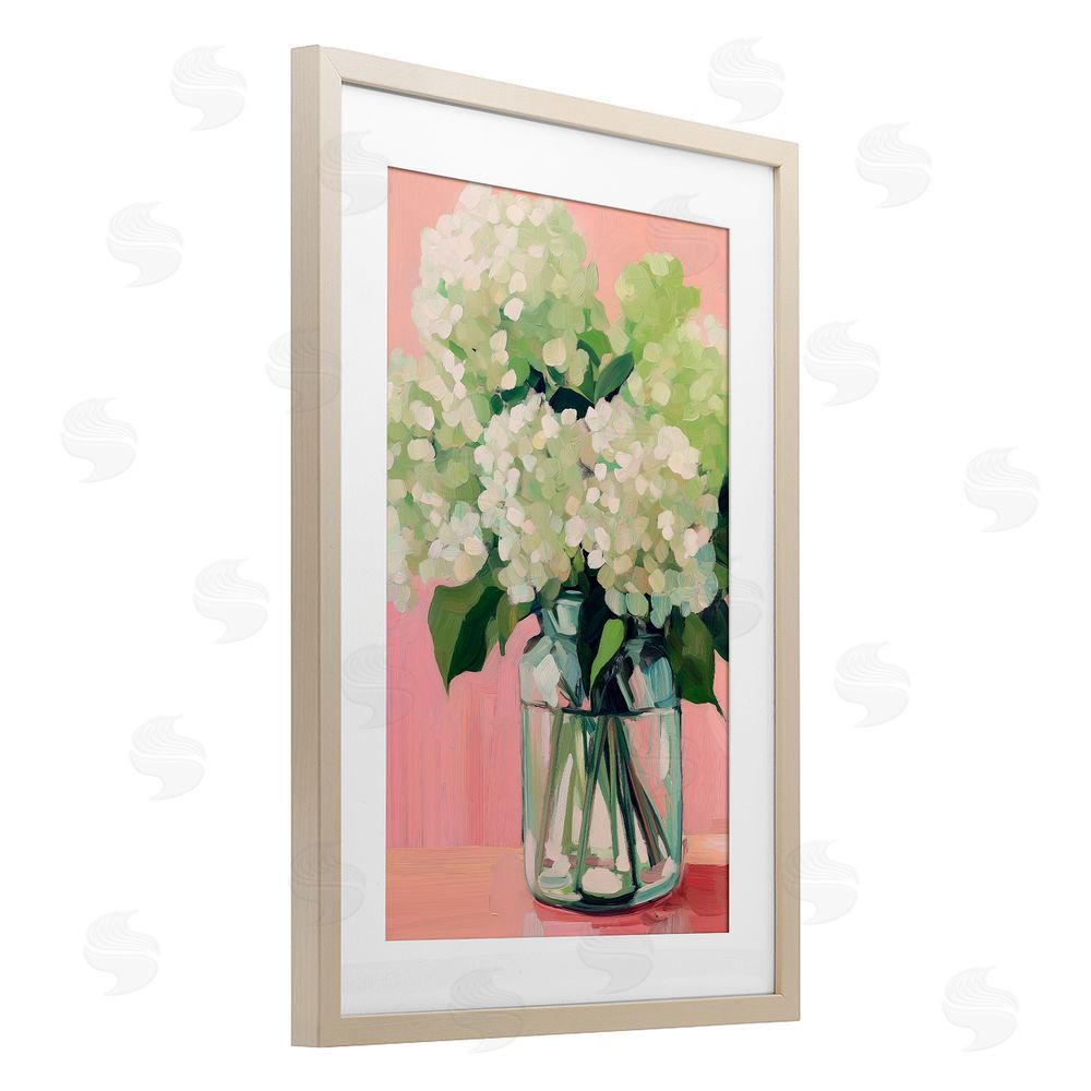 Gina Kelly Hydrangea on Pink Background Birch Framed Print Under Glass with White Mat Wall Art